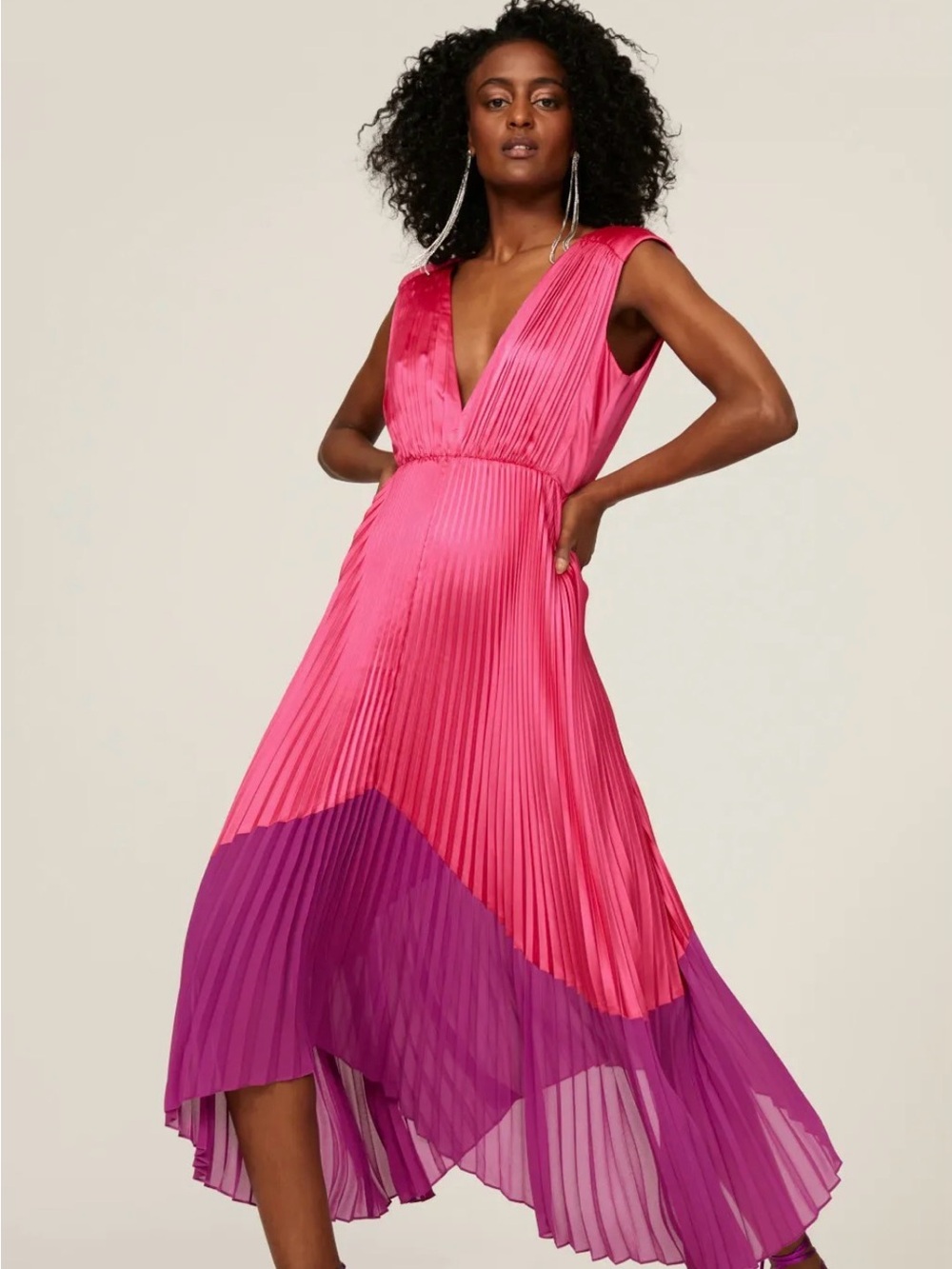 AMUR Pink & Purple Pleated V-Neck Midi Dress